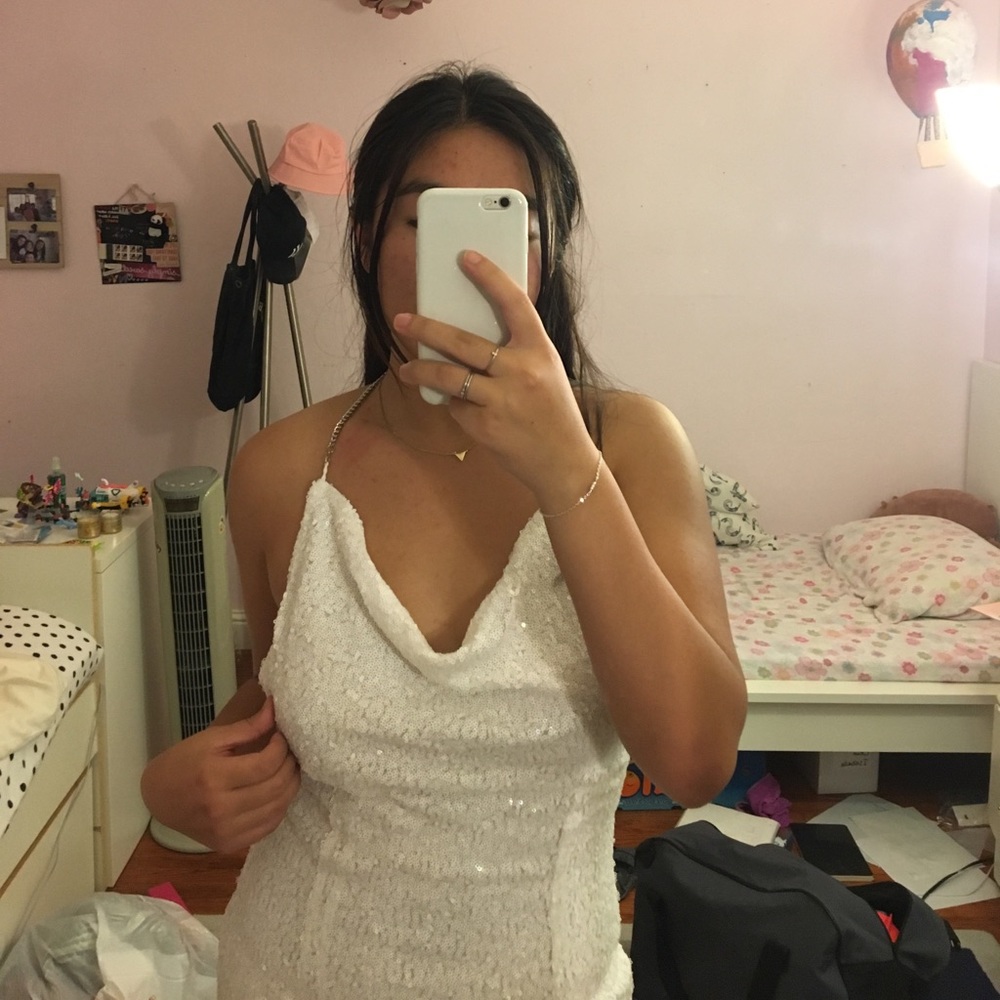 Sequin White Dress with Chain Strap